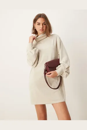 ASOS Chunky cord roll neck slouchy mini dress in stone
