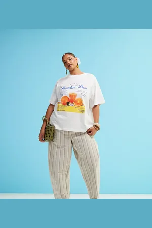 ASOS Curve linen look barrel trousers in neutral stripe