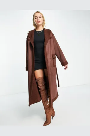 4th & Reckless Longline bonded shearling coat in chocolate