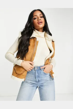 QED London Suedette gilet with borg trims in tan