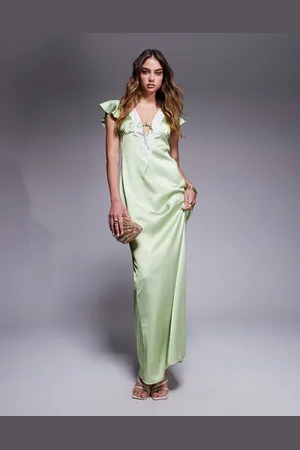 Princess Polly Satin plunge lace trim flutter sleeve maxi dress in