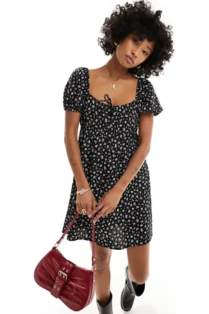 Monki Mini dress with puff sleeves and ruche back detail in