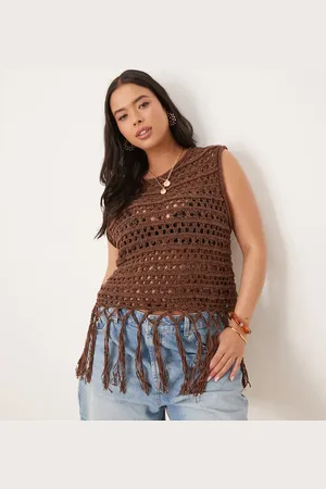 ASOS ASOS DESIGN Curve knitted stitch tank with fringe detail in chocolate