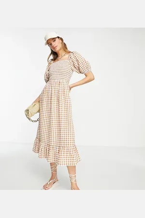 Influence Tall square neck puff sleeve beach dress in check