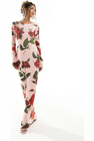 ASOS Low back floral mesh maxi dress with angel sleeves in rose print