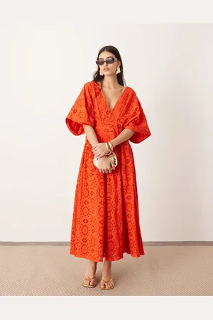 ASOS Broderie wide sleeve plunge midi dress in red
