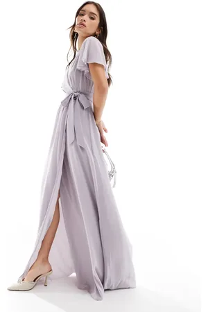 Six Stories Bridesmaid flutter sleeve chiffon maxi dress in lilac