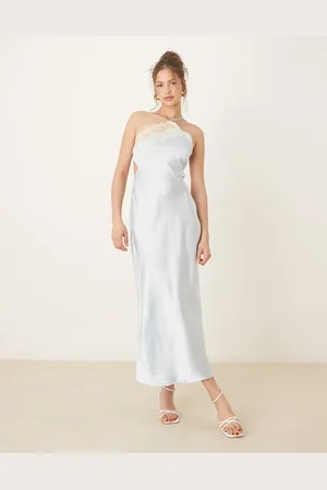 ASOS Asymmetric strappy lace slip midi dress in pale
