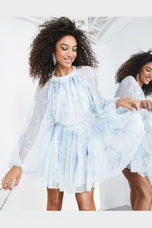 ASOS Floral embroidered mesh mini dress with blouson sleeve in pale blue