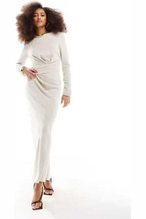 ASOS Linen long sleeve drape waist maxi dress in stone