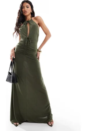 ASOS Halter neck with cut out maxi dress with ruching in khaki