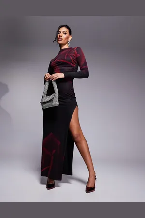 Kaiia Exclusive x Sasha Corte exclusive high neck thigh split slinky mesh maxi dress in burgundy rose print