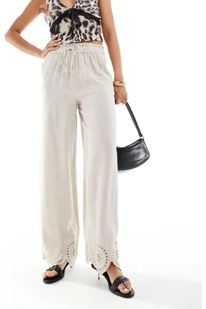 River Island Broderie linen trouser in light stone