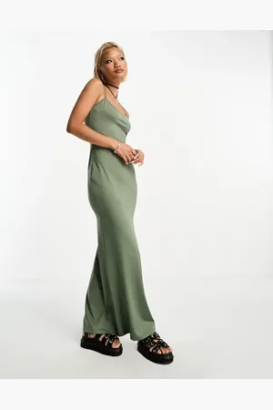 Bershka Strappy soft touch shaping maxi dress in khaki