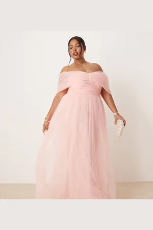 Lace & Beads Bow off shoulder tulle maxi dress in soft