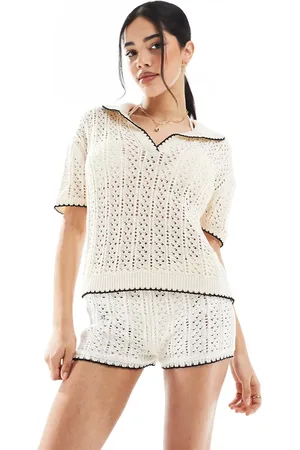 ASOS Knitted polo top co-ord with contrast blanket stitch in ivory