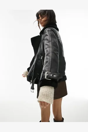 Topshop Faux leather shearling aviator biker jacket in