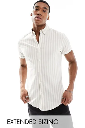 ASOS Stretch slim oxford stripe shirt in stone