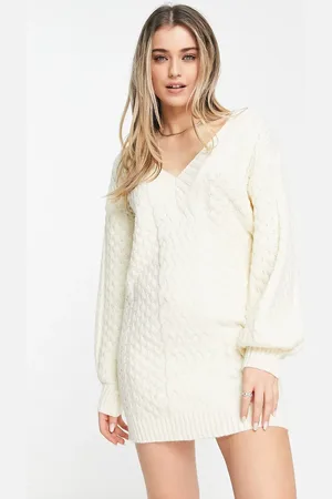 QED London V neck cable knit jumper dress in ivory