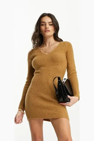 MANGO Knitted v neck mini dress in camel