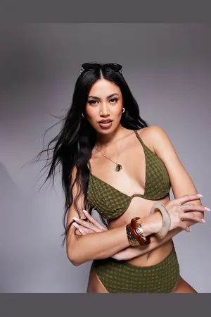 ASOS Lizzie seersucker monowire bikini top in khaki