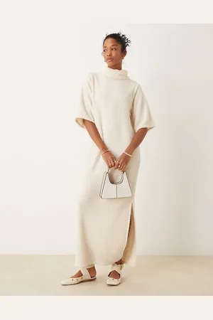 ASOS Fluffy roll neck boxy midi t-shirt dress in ivory - IVORY