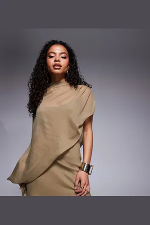 ASOS ASOS DESIGN Petite high neck draped asymmetric mini dress with cut out in taupe