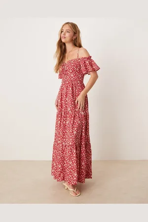 Kiss The Sky Off-shoulder ditsy floral tiered midi dress in
