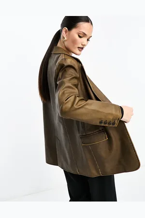Stradivarius Faux leather blazer in vintage washed