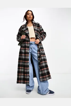 Brave Soul Longline belted formal coat in /rust check