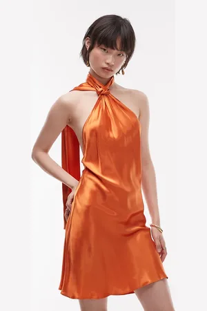 Topshop Tie neck halter mini dress satin in rust