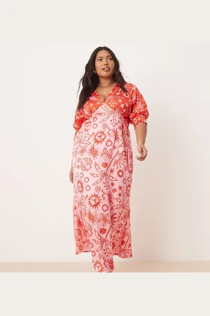 Never Fully Dressed Palm print contrast midaxi dress in red and