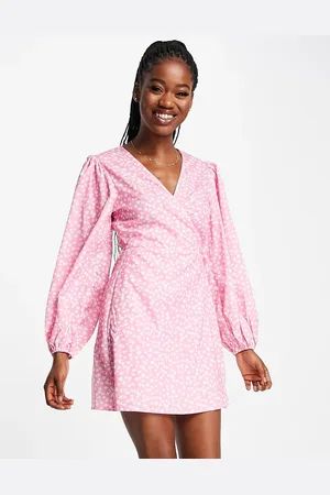 Glamorous Long sleeve wrap mini dress in pink ditsy floral