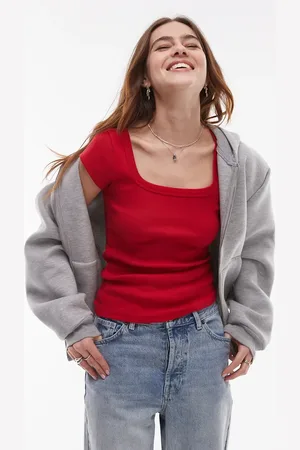 Topshop Square neck rib cap sleeve tee in cherry