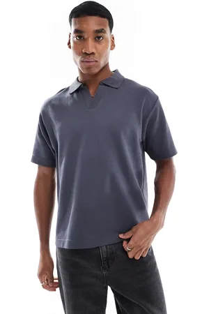 Pull&Bear Revere neck polo in charcoal