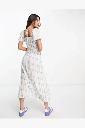 Miss Selfridge Shirred bodice midi dress in blue ditsy