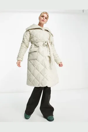 VIOLET ROMANCE Quilted shawl neck longline coat with belt in stone