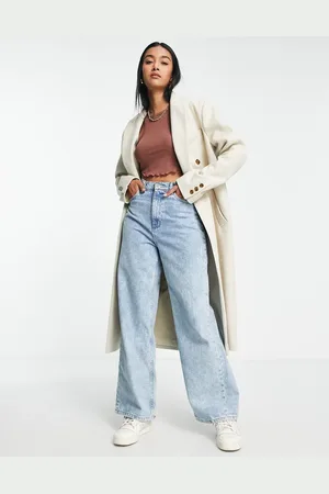 Topshop Double breasted long coat in oat