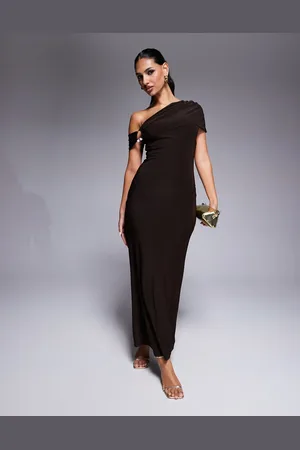 ASOS Cap sleeve bardot with trim detail maxi dress in chocolate