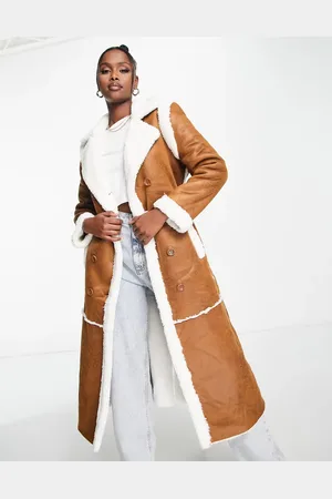 QED London Suedette belted longline coat with borg trims in