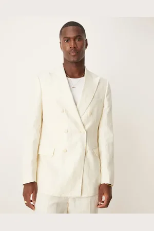 MANGO Slim fit double breasted linen suit blazer in ecru co-ord