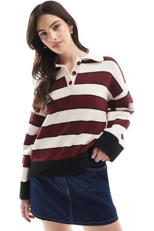 ASOS Knitted polo top in burgundy stripe