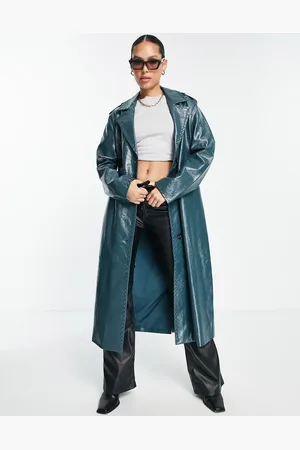 4th & Reckless Patent leather look longline coat in petrol