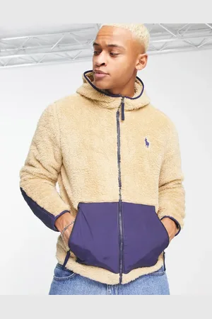 Ralph Lauren Icon logo curly borg colourblock full zip hoodie in sand/navy
