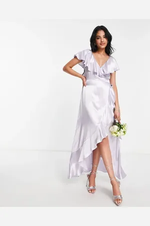 Topshop Bridesmaid satin frill wrap dress in lilac