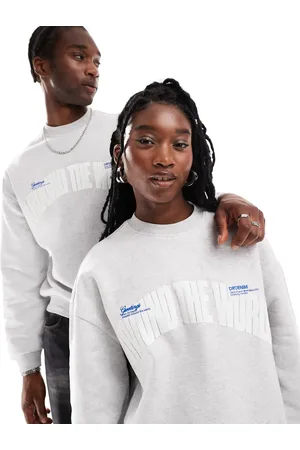 Dr Denim Unisex Kenan relaxed fit around the world embroidery heavyweight sweatshirt in light melange