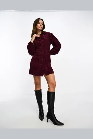 ASOS Cord mini shirt dress with balloon sleeve in berry