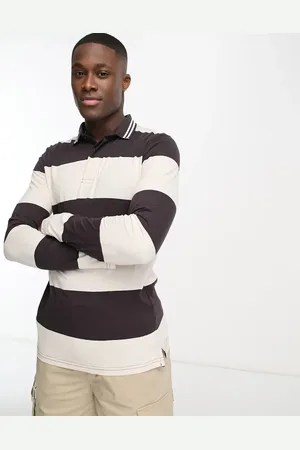 Brave Soul Long sleeve stripe polo in & stone