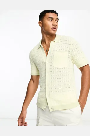 Abercrombie & Fitch Open knit polo shirt with tipping in yellow/green