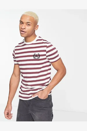 ASOS Stripe t-shirt in burgundy and white with chest embroidery